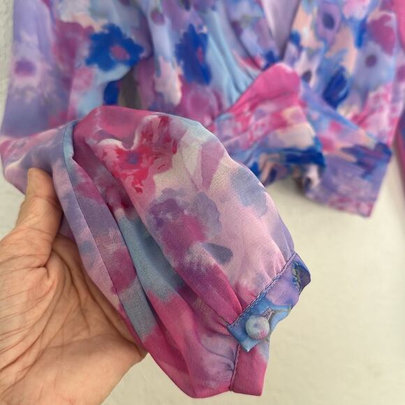 Zara Choker Chiffon Blue Pink Long Sleeve Top Ruched 70s Party Blogger Summer - Picture 6 of 8